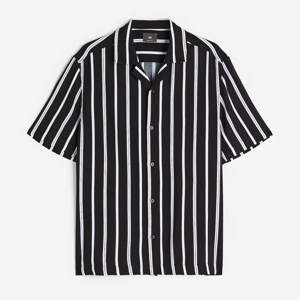 H&M Men’s Striped Short Sleeve Button Down Shirt Black Size Large